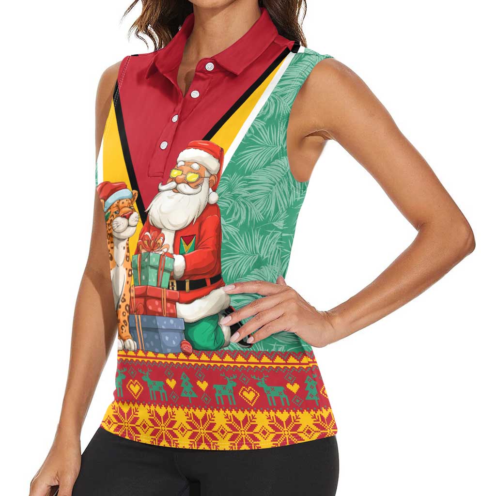 Guyana Christmas Santa Leopard Women Sleeveless Polo Shirt with Green Red Yellow Gift and Map - Wonder Print Shop