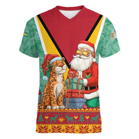 Guyana Christmas Santa Leopard Women V-Neck T-Shirt with Green Red Yellow Gift and Map - Wonder Print Shop