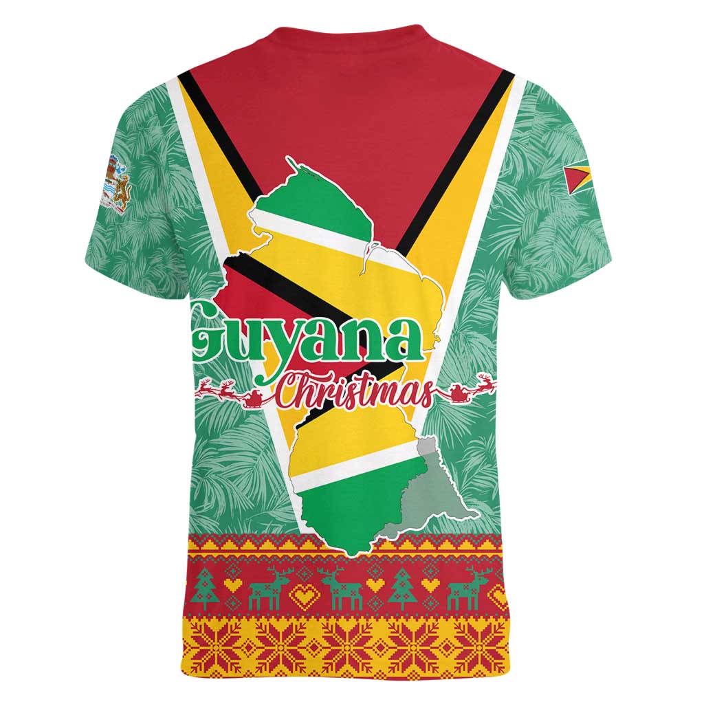 Guyana Christmas Santa Leopard Women V-Neck T-Shirt with Green Red Yellow Gift and Map - Wonder Print Shop