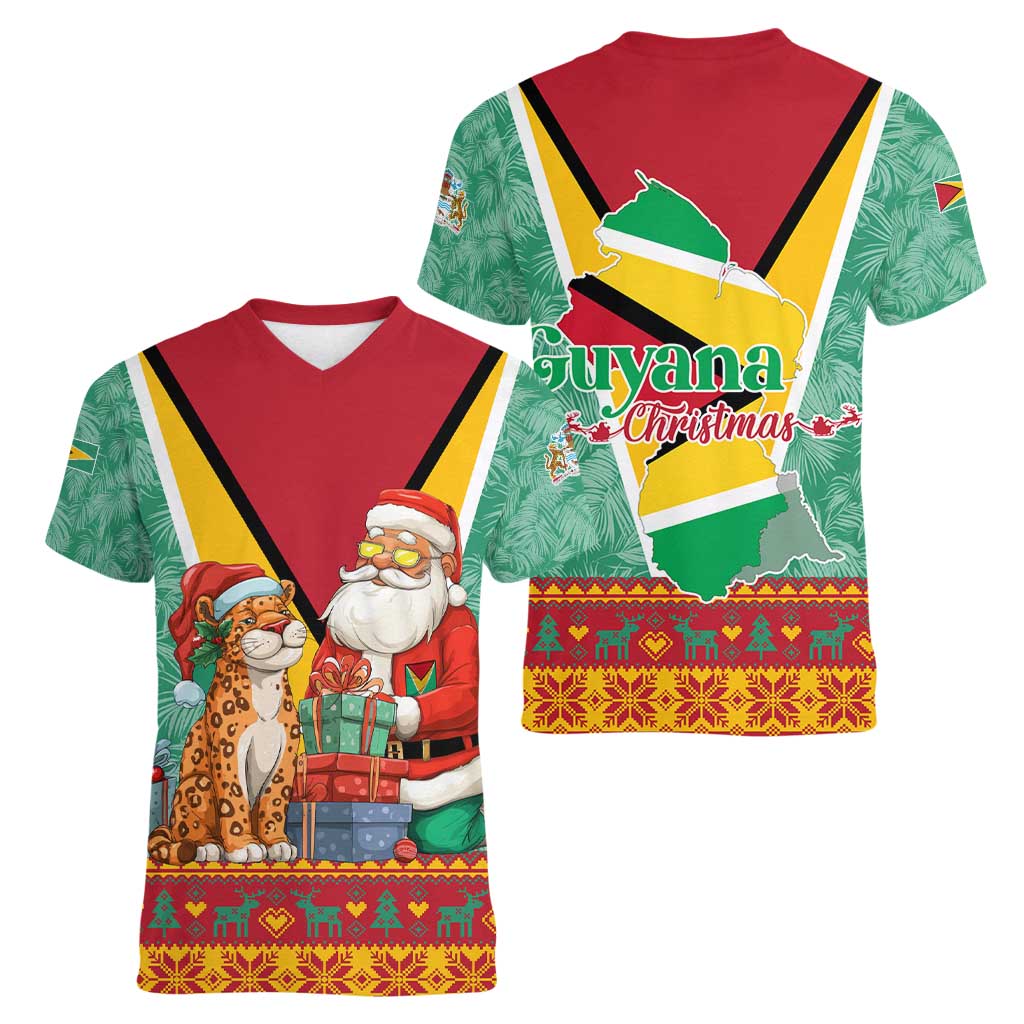 Guyana Christmas Santa Leopard Women V-Neck T-Shirt with Green Red Yellow Gift and Map - Wonder Print Shop