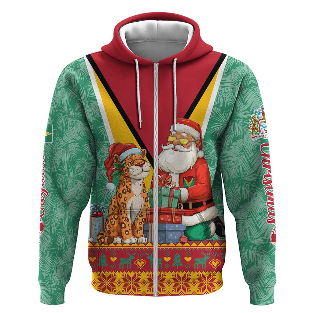 Guyana Christmas Santa Leopard Zip Hoodie with Green Red Yellow Gift and Map - Wonder Print Shop