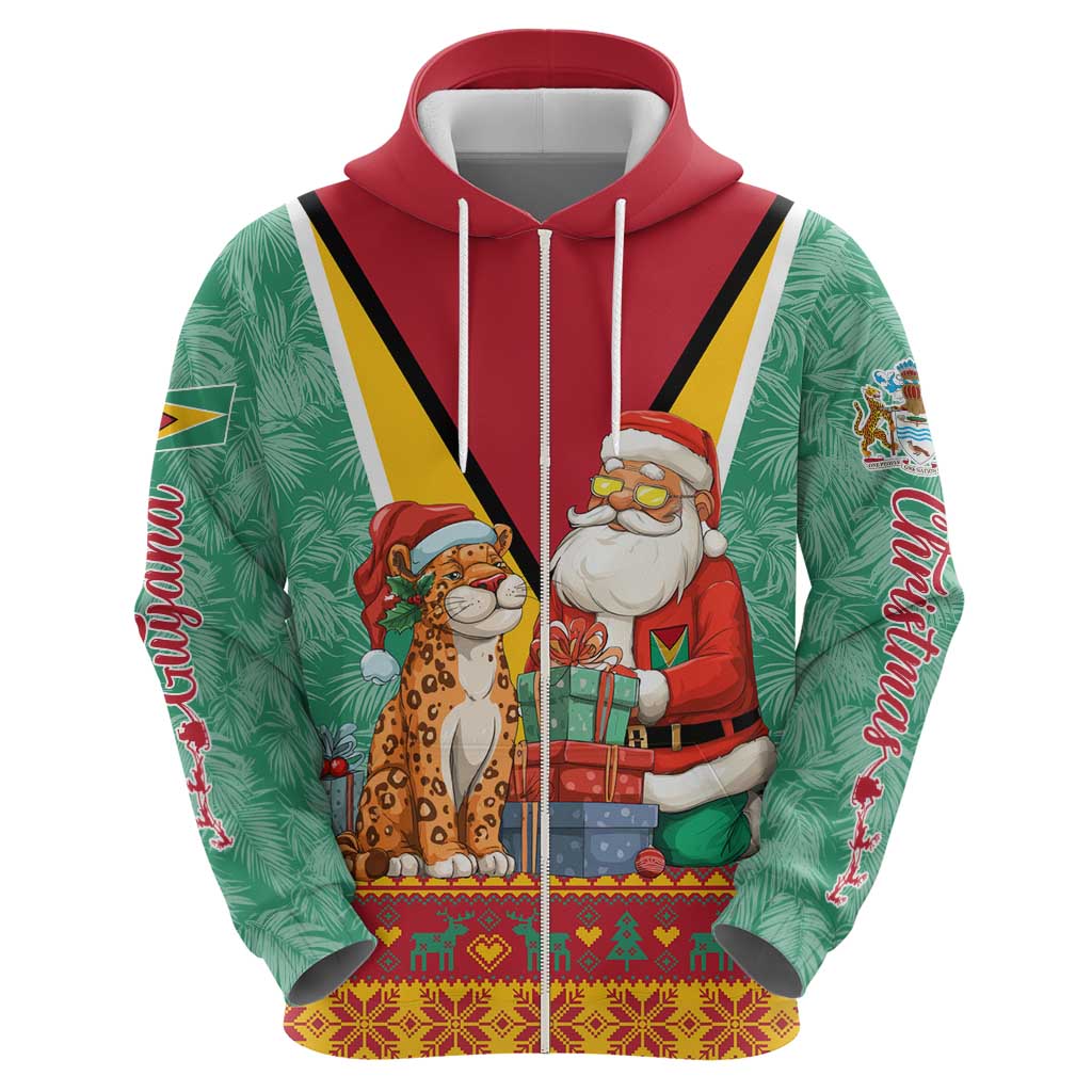 Guyana Christmas Santa Leopard Zip Hoodie with Green Red Yellow Gift and Map - Wonder Print Shop