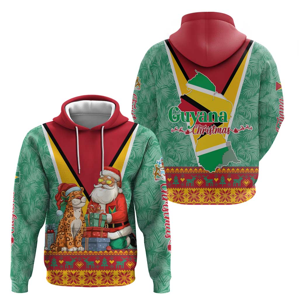 Guyana Christmas Santa Leopard Zip Hoodie with Green Red Yellow Gift and Map - Wonder Print Shop