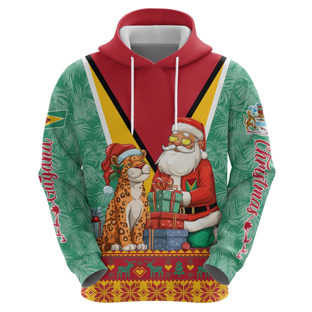 Guyana Christmas Santa Leopard Zip Hoodie with Green Red Yellow Gift and Map - Wonder Print Shop