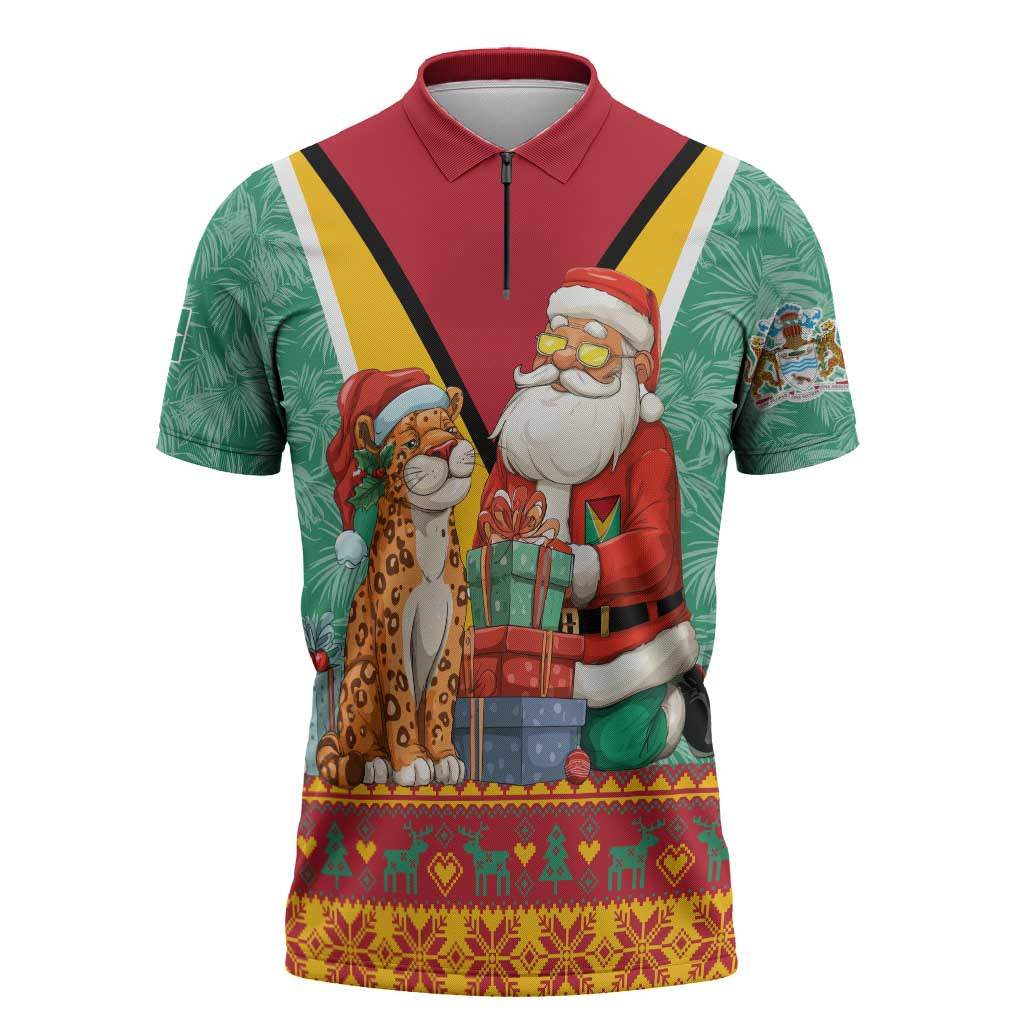 Guyana Christmas Santa Leopard Zipper Polo Shirt with Green Red Yellow Gift and Map - Wonder Print Shop