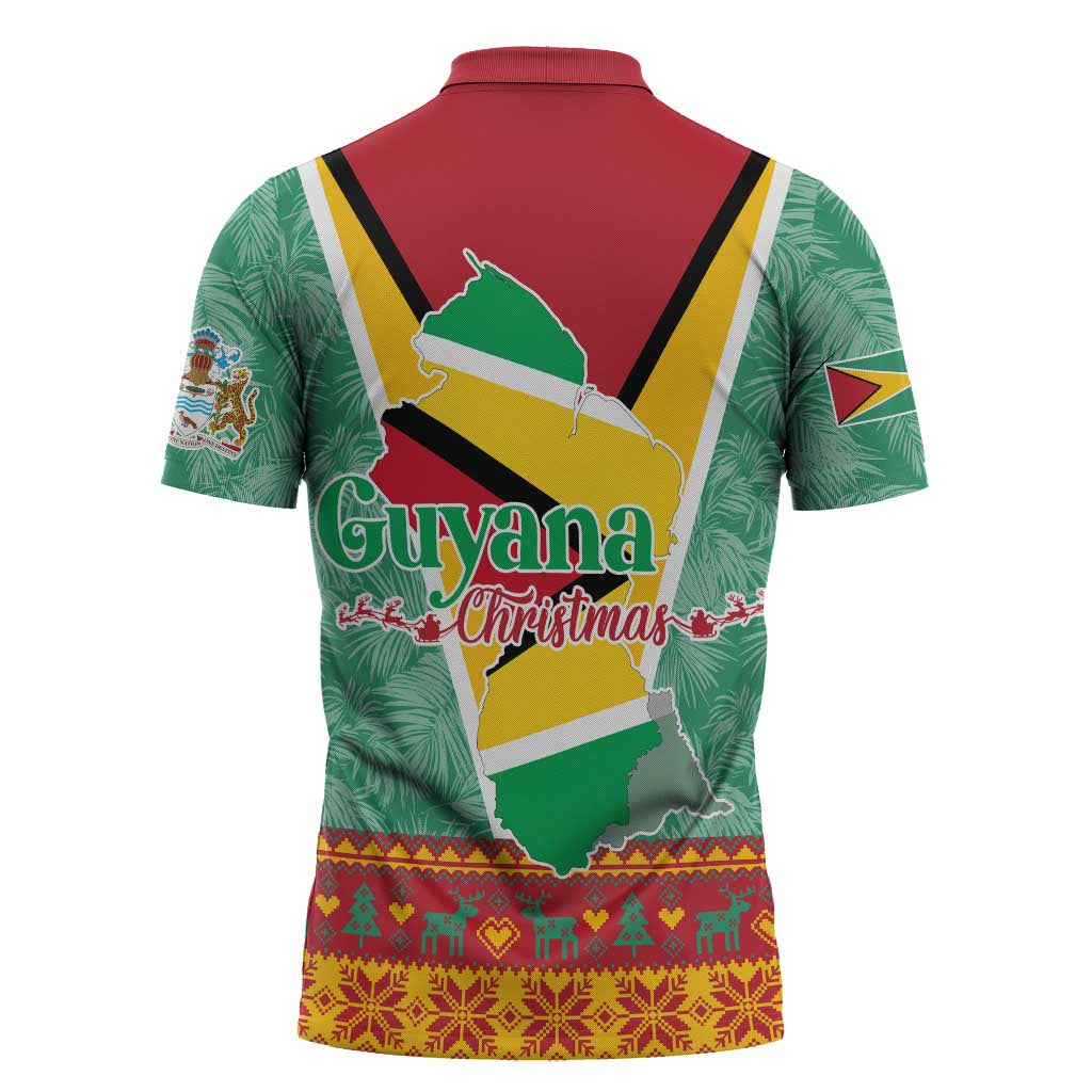 Guyana Christmas Santa Leopard Zipper Polo Shirt with Green Red Yellow Gift and Map - Wonder Print Shop