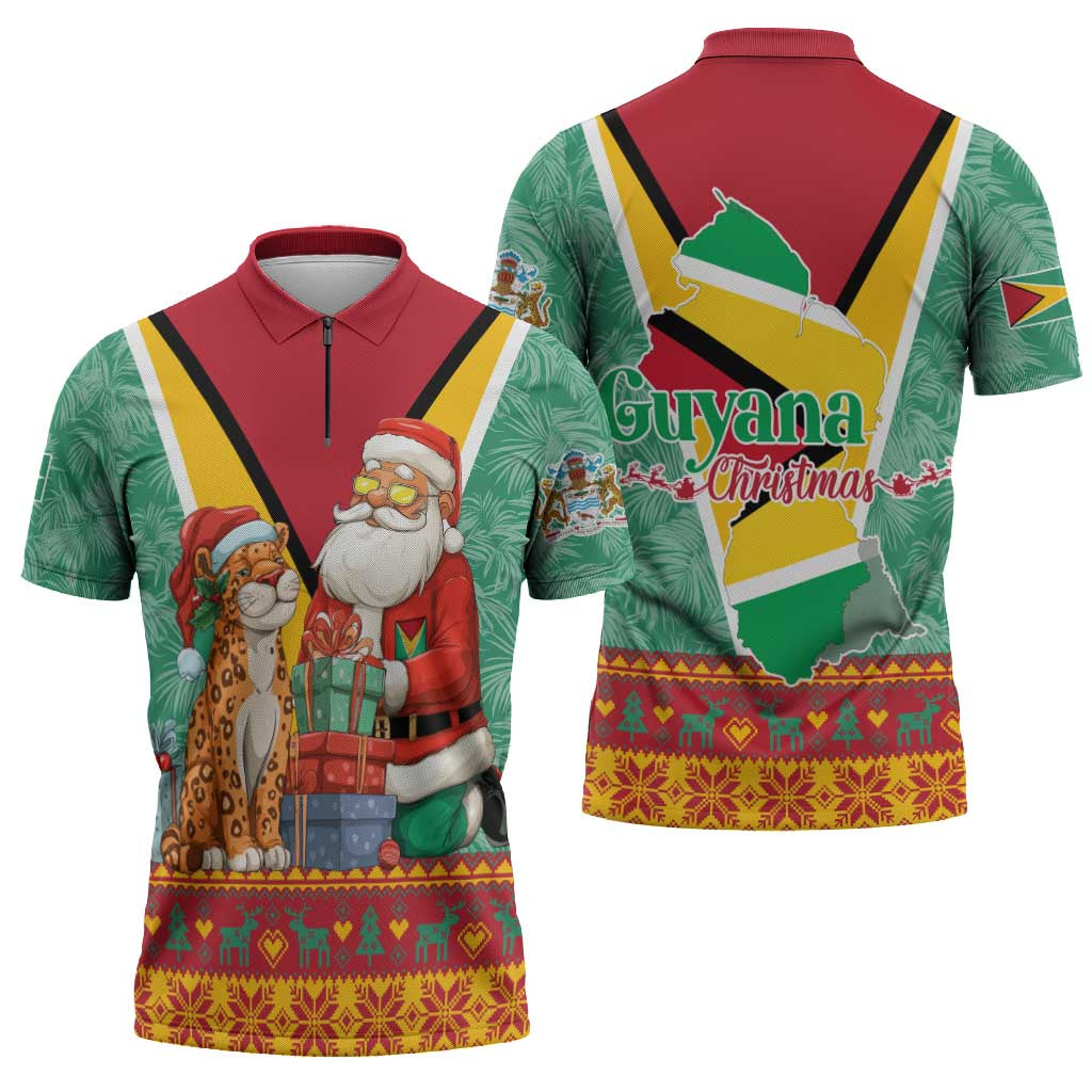Guyana Christmas Santa Leopard Zipper Polo Shirt with Green Red Yellow Gift and Map - Wonder Print Shop