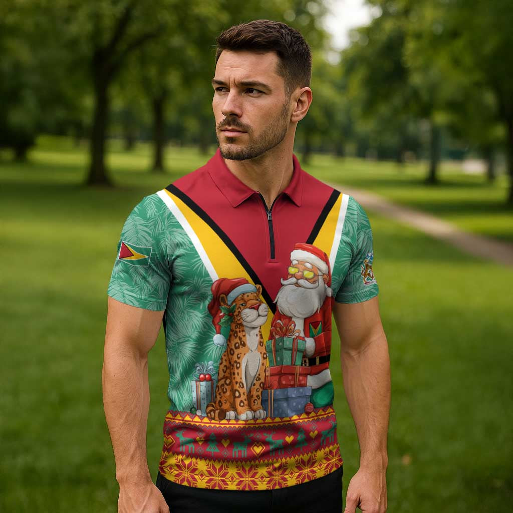 Guyana Christmas Santa Leopard Zipper Polo Shirt with Green Red Yellow Gift and Map - Wonder Print Shop