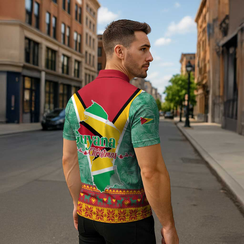 Guyana Christmas Santa Leopard Zipper Polo Shirt with Green Red Yellow Gift and Map - Wonder Print Shop