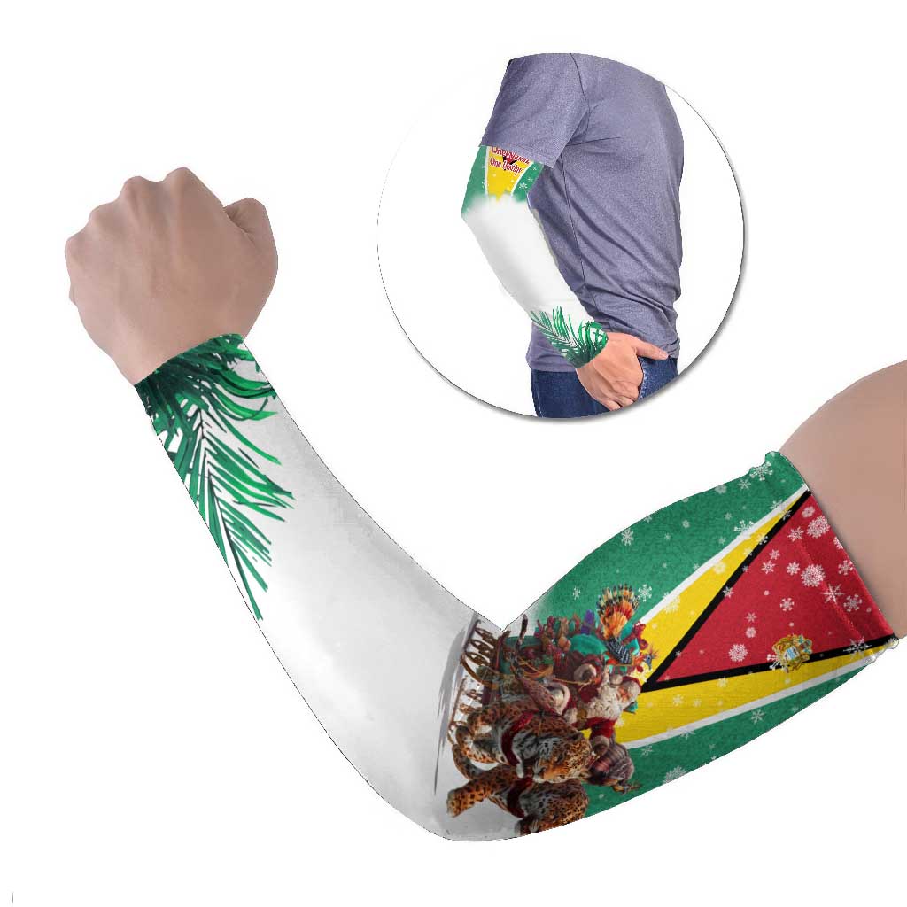 Guyana Flag Arm Sleeves Christmas Santa Jaguar and National Motto Green Yellow - Wonder Print Shop