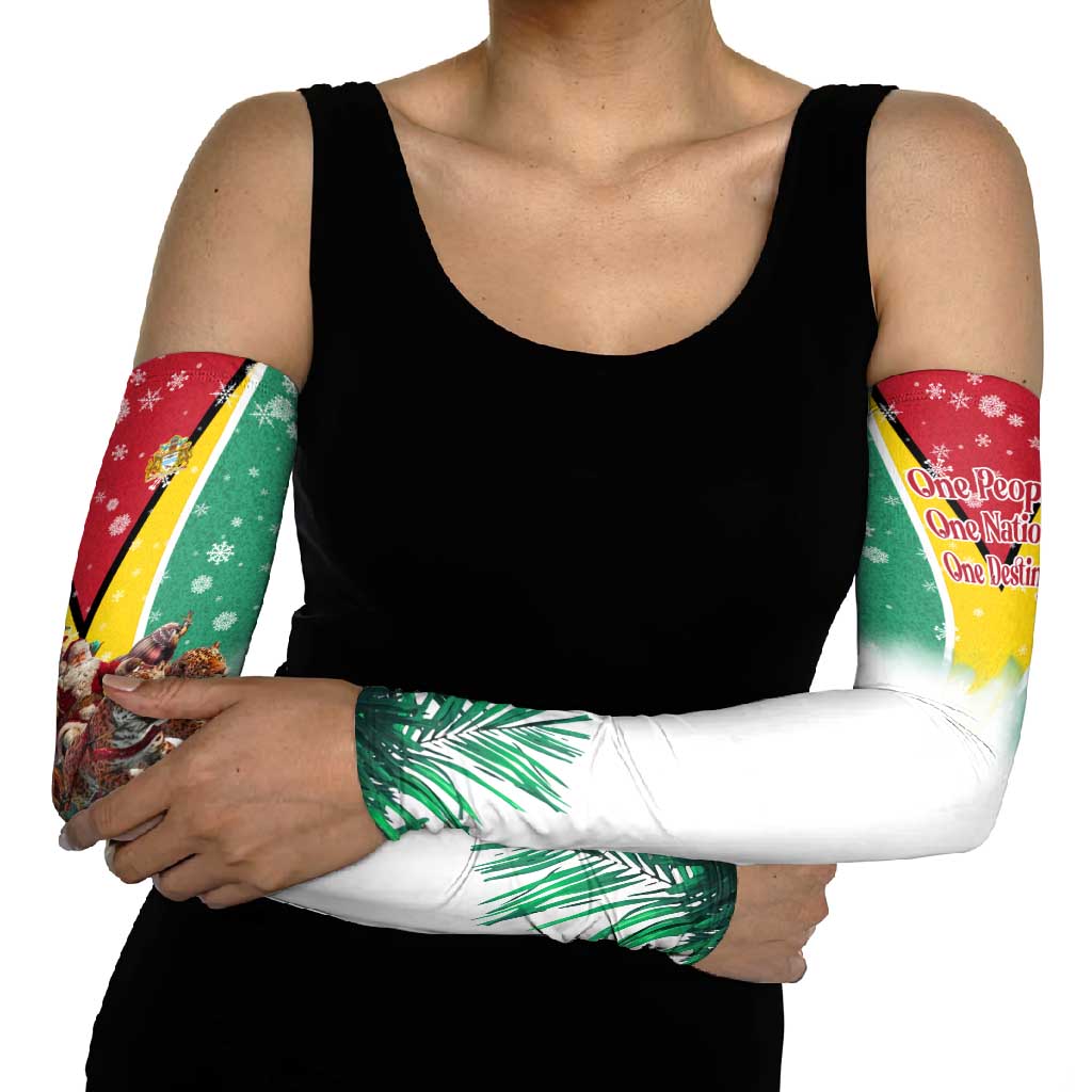 Guyana Flag Arm Sleeves Christmas Santa Jaguar and National Motto Green Yellow - Wonder Print Shop
