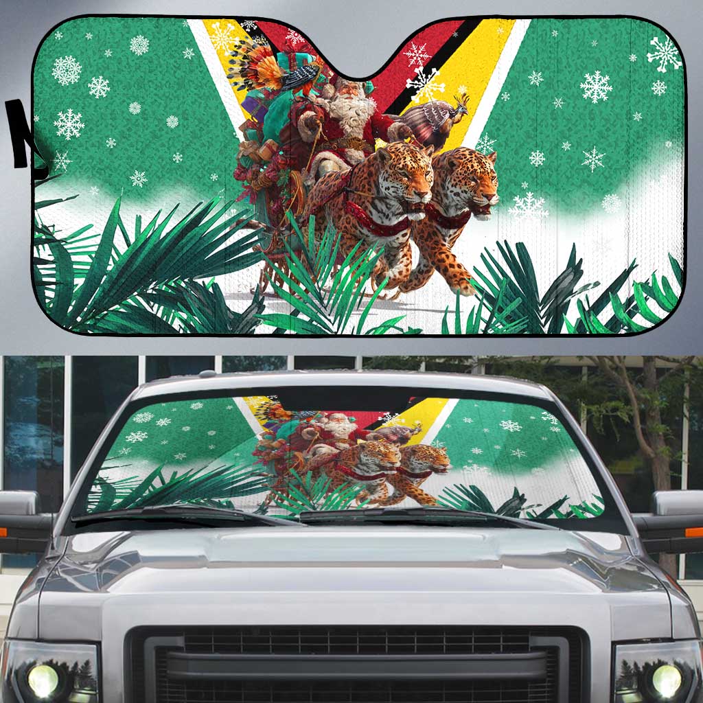 Guyana Flag Auto Sun Shade Christmas Santa Jaguar and National Motto Green Yellow - Wonder Print Shop