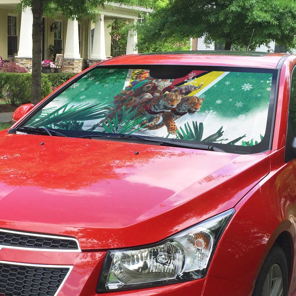 Guyana Flag Auto Sun Shade Christmas Santa Jaguar and National Motto Green Yellow - Wonder Print Shop