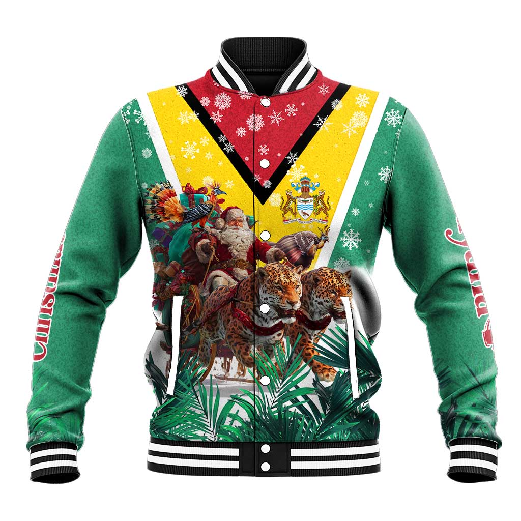 Guyana Flag Baseball Jacket Christmas Santa Jaguar and National Motto Green Yellow - Wonder Print Shop