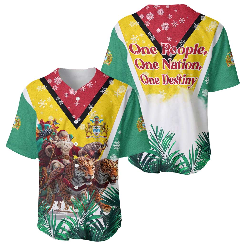 Guyana Flag Baseball Jersey Christmas Santa Jaguar and National Motto Green Yellow - Wonder Print Shop