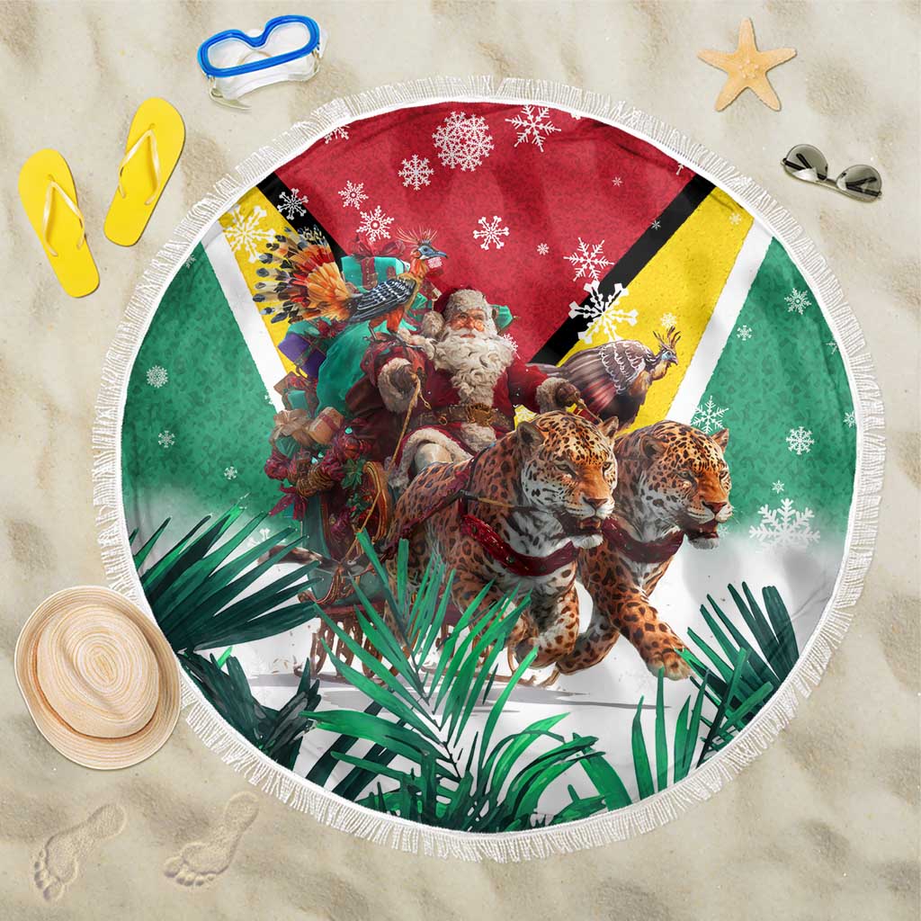 Guyana Flag Beach Blanket Christmas Santa Jaguar and National Motto Green Yellow - Wonder Print Shop