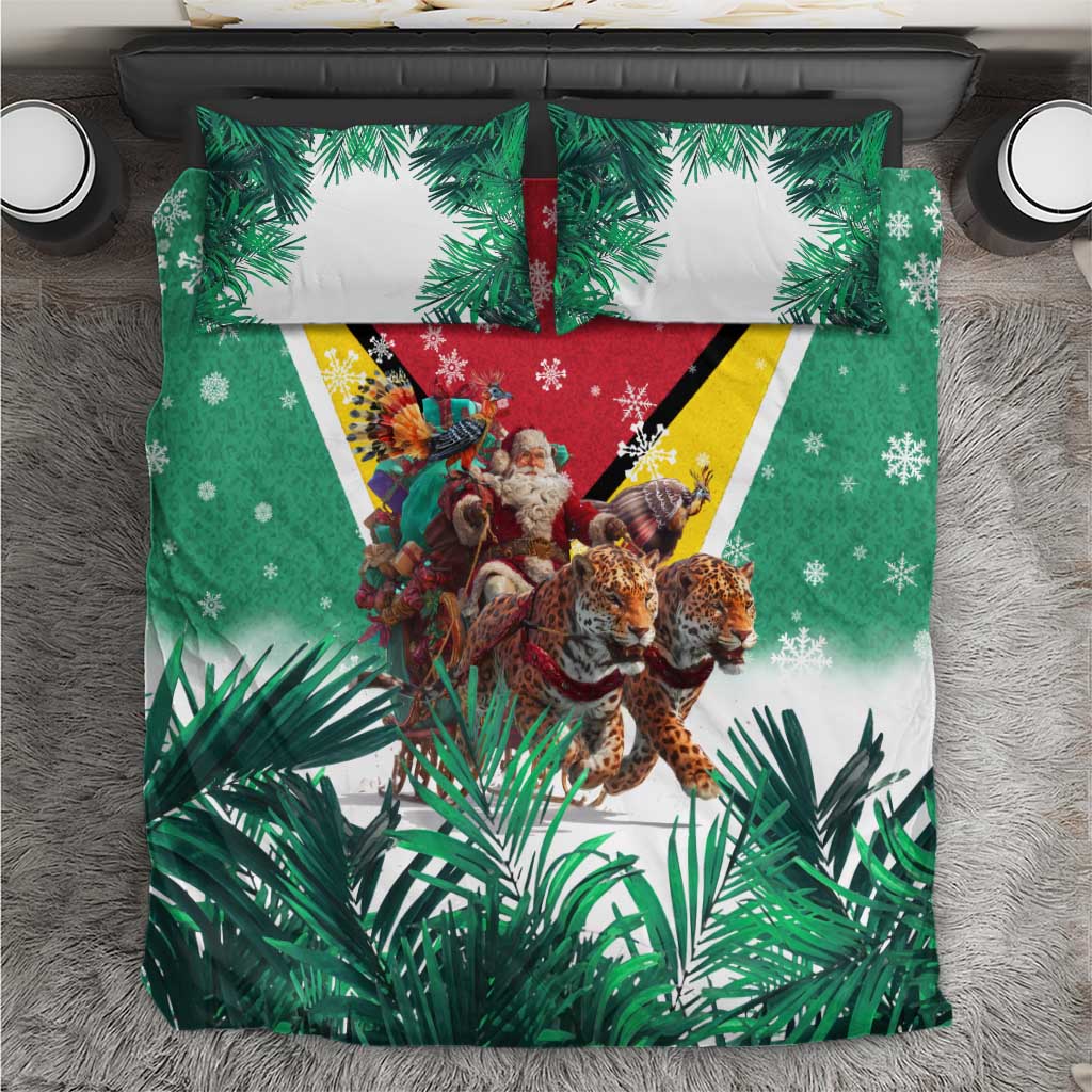 Guyana Flag Bedding Set Christmas Santa Jaguar and National Motto Green Yellow - Wonder Print Shop