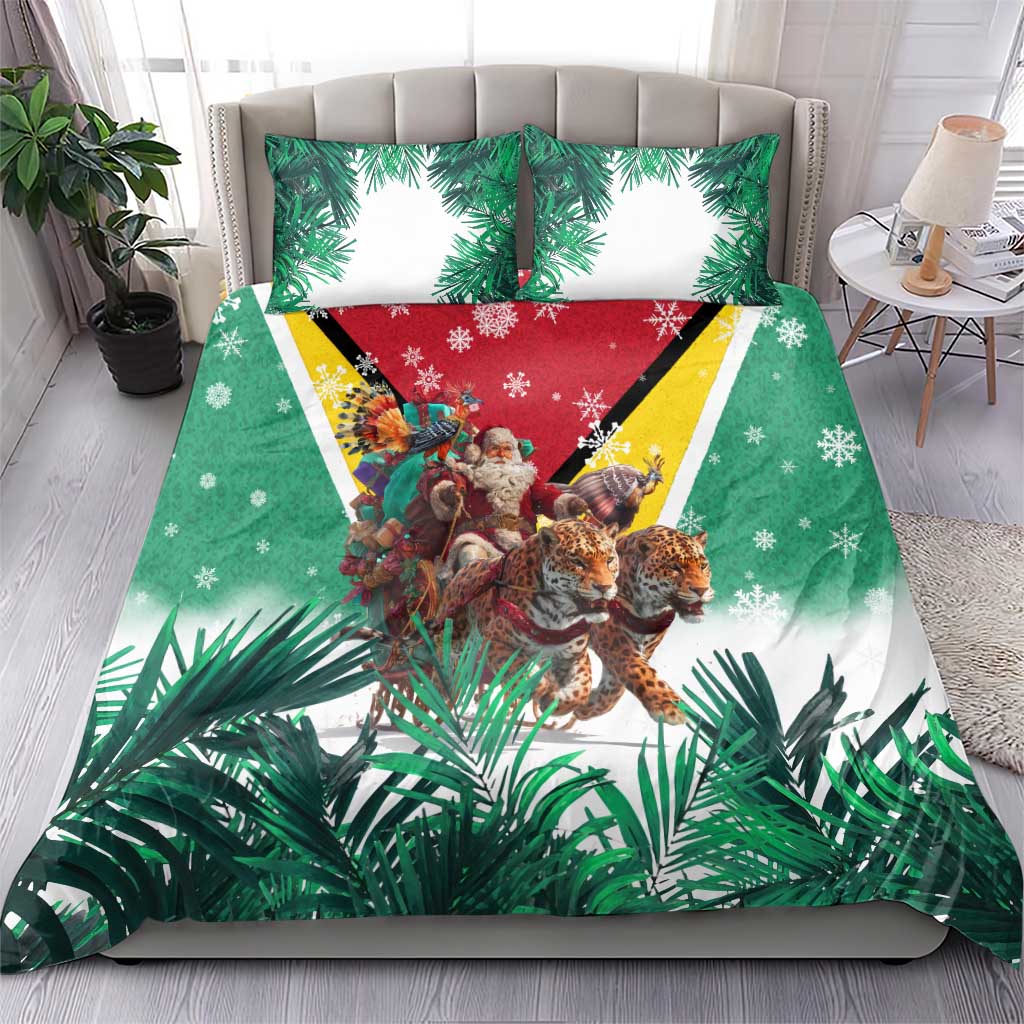 Guyana Flag Bedding Set Christmas Santa Jaguar and National Motto Green Yellow - Wonder Print Shop