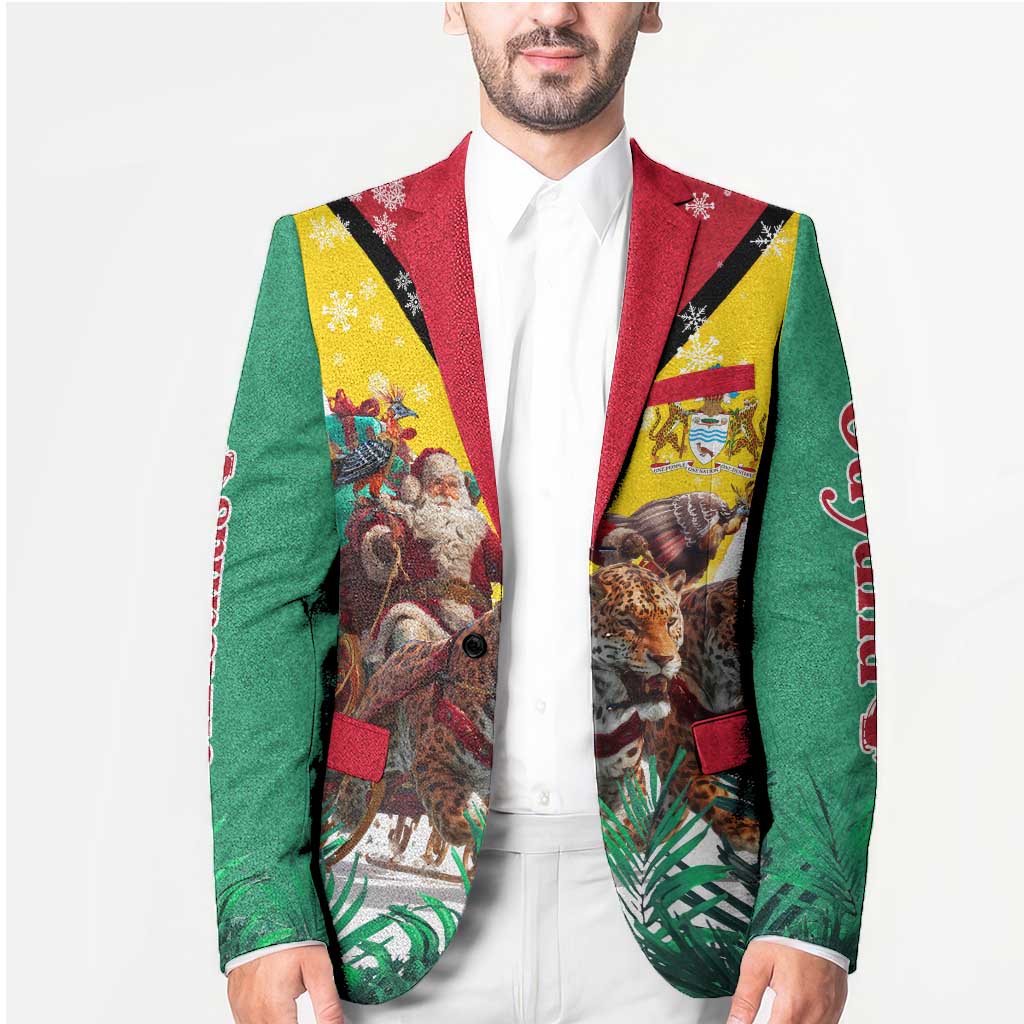 Guyana Flag Blazer Christmas Santa Jaguar and National Motto Green Yellow - Wonder Print Shop