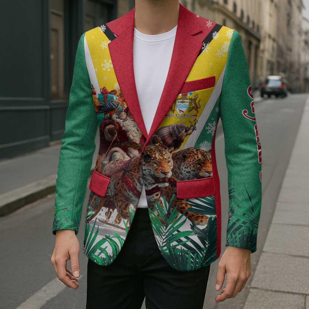 Guyana Flag Blazer Christmas Santa Jaguar and National Motto Green Yellow - Wonder Print Shop