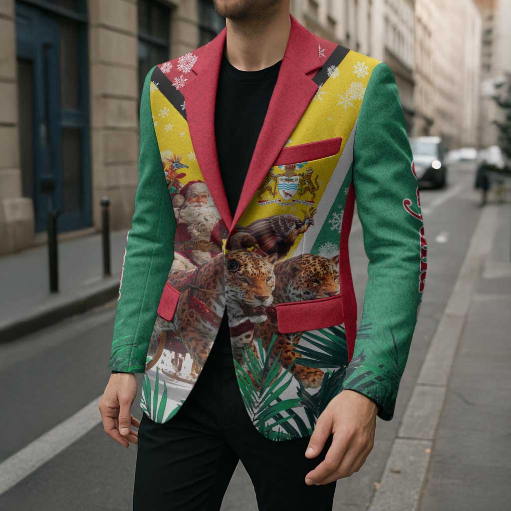Guyana Flag Blazer Christmas Santa Jaguar and National Motto Green Yellow - Wonder Print Shop