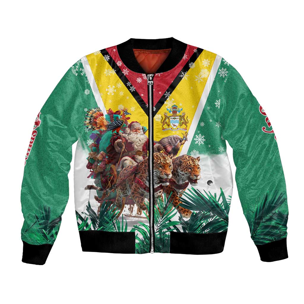 Guyana Flag Bomber Jacket Christmas Santa Jaguar and National Motto Green Yellow - Wonder Print Shop