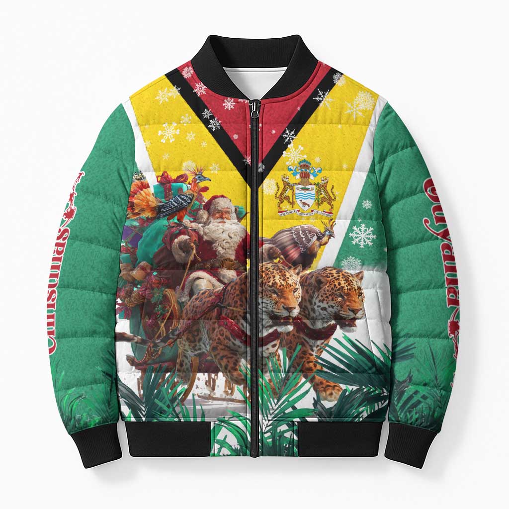 Guyana Flag Bomber Puffer Jacket Christmas Santa Jaguar and National Motto Green Yellow - Wonder Print Shop