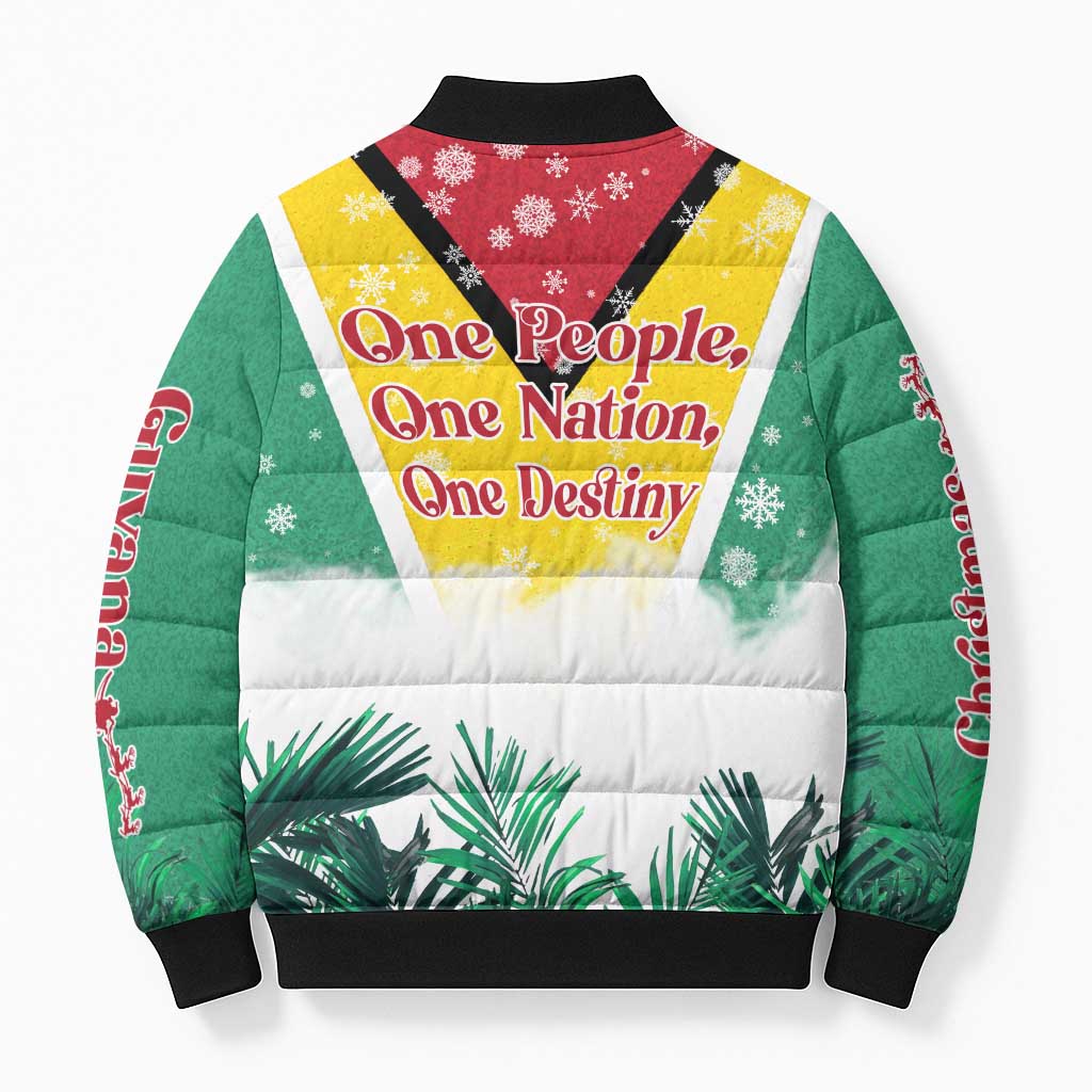 Guyana Flag Bomber Puffer Jacket Christmas Santa Jaguar and National Motto Green Yellow - Wonder Print Shop