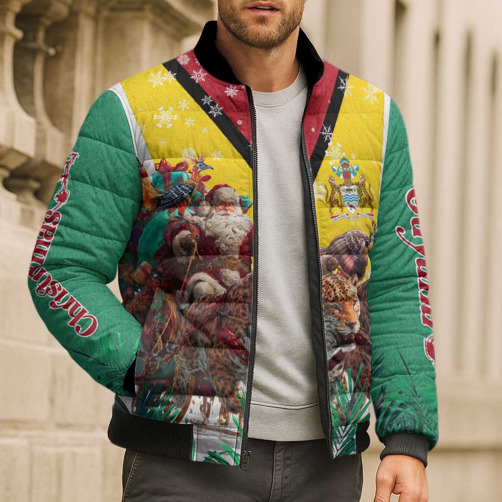 Guyana Flag Bomber Puffer Jacket Christmas Santa Jaguar and National Motto Green Yellow - Wonder Print Shop
