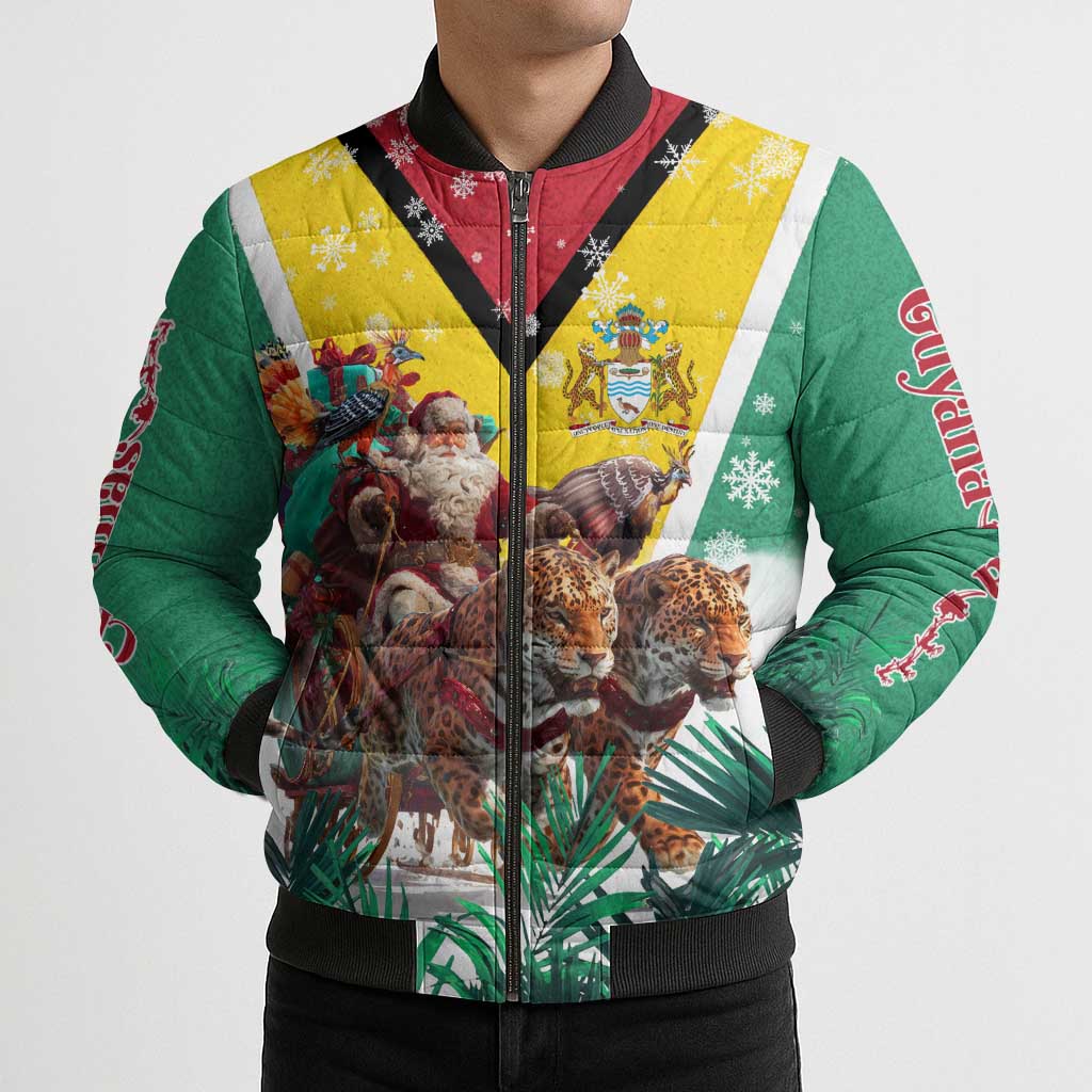 Guyana Flag Bomber Puffer Jacket Christmas Santa Jaguar and National Motto Green Yellow - Wonder Print Shop