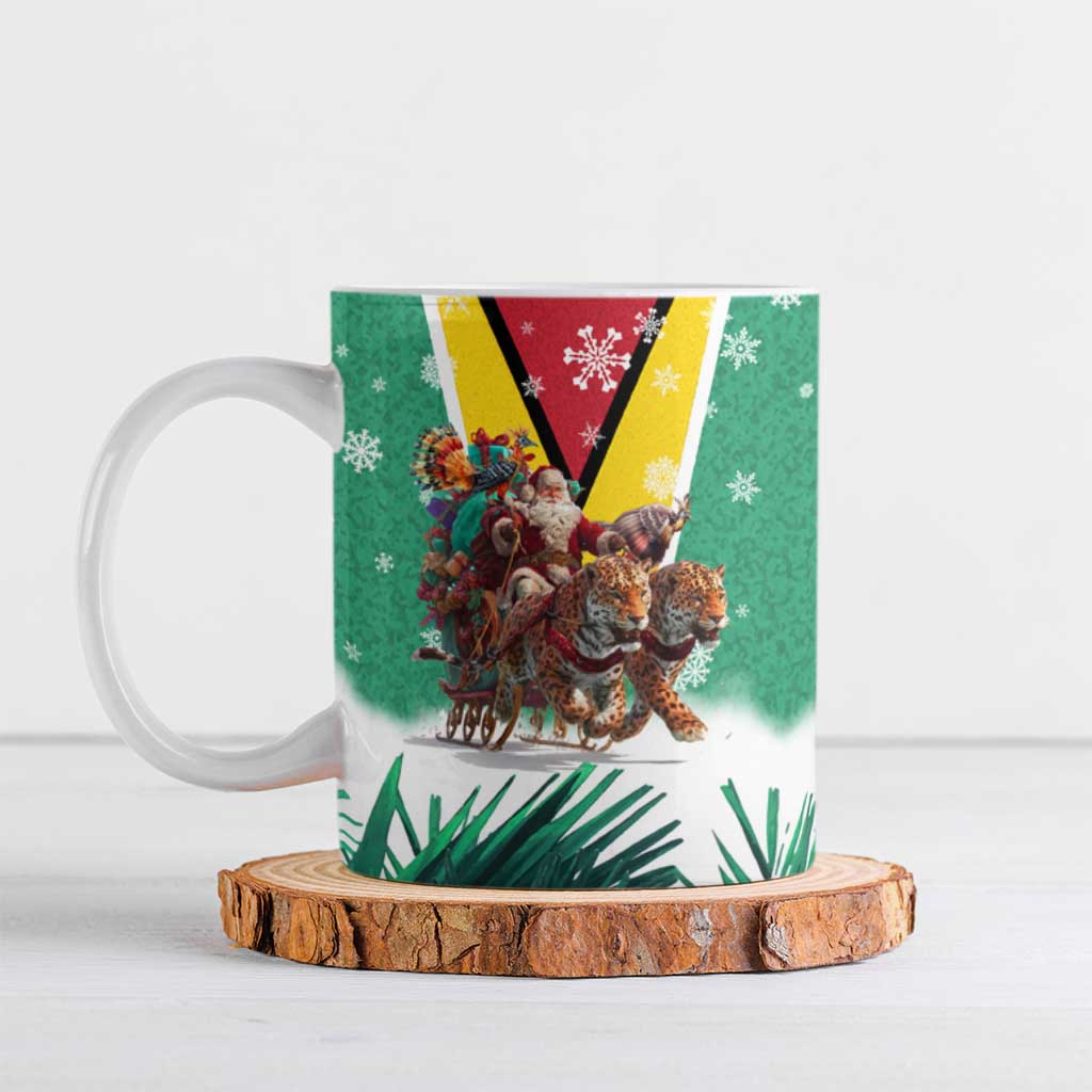 Guyana Flag Ceramic Mug Christmas Santa Jaguar and National Motto Green Yellow - Wonder Print Shop