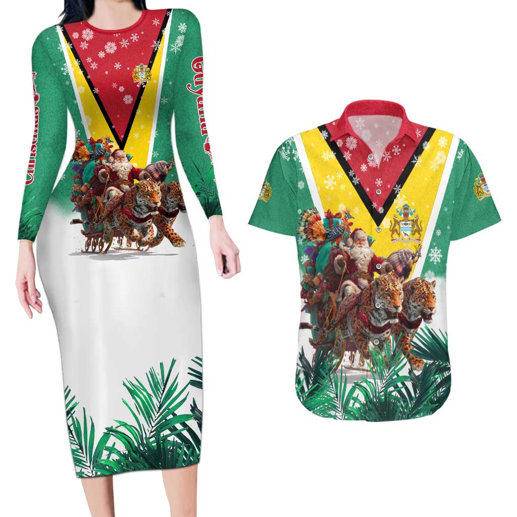Guyana Flag Couples Matching Long Sleeve Bodycon Dress and Hawaiian Shirt Christmas Santa Jaguar and National Motto Green Yellow - Wonder Print Shop