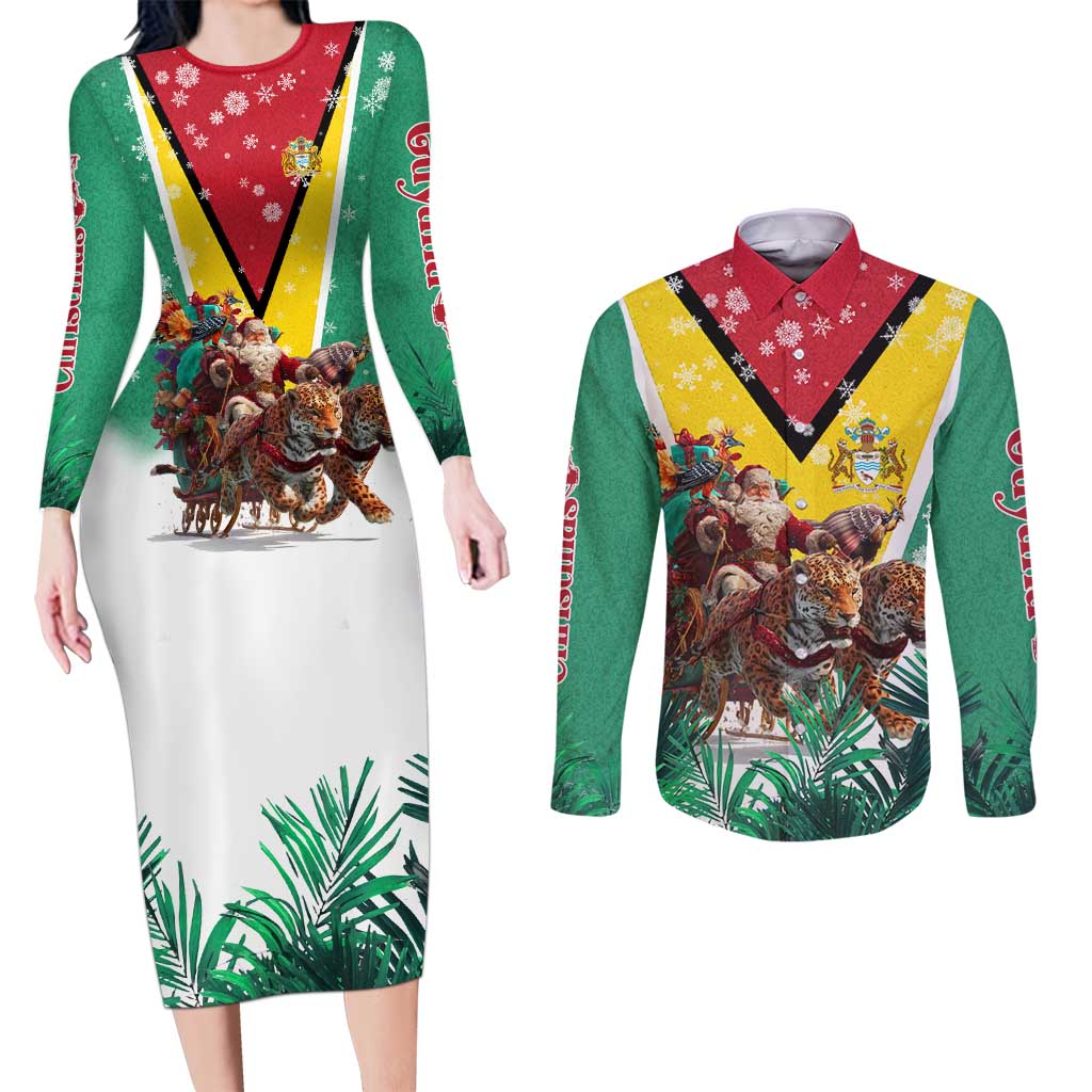 Guyana Flag Couples Matching Long Sleeve Bodycon Dress and Long Sleeve Button Shirt Christmas Santa Jaguar and National Motto Green Yellow - Wonder Print Shop