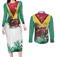 Guyana Flag Couples Matching Long Sleeve Bodycon Dress and Long Sleeve Button Shirt Christmas Santa Jaguar and National Motto Green Yellow - Wonder Print Shop