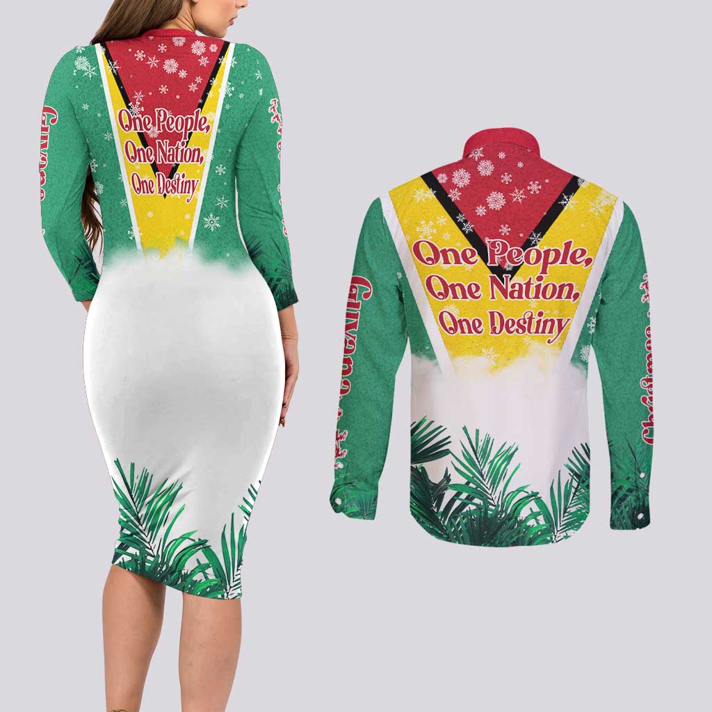 Guyana Flag Couples Matching Long Sleeve Bodycon Dress and Long Sleeve Button Shirt Christmas Santa Jaguar and National Motto Green Yellow - Wonder Print Shop