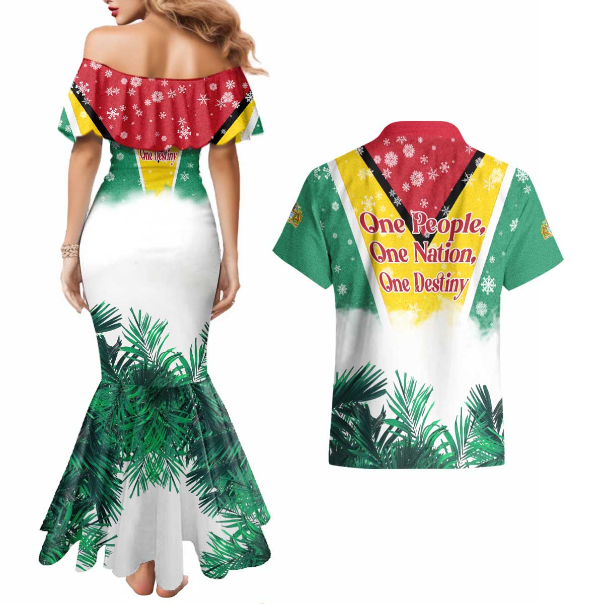 Guyana Flag Couples Matching Mermaid Dress and Hawaiian Shirt Christmas Santa Jaguar and National Motto Green Yellow - Wonder Print Shop