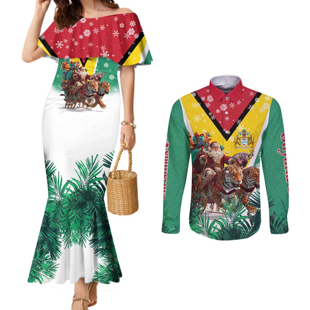 Guyana Flag Couples Matching Mermaid Dress and Long Sleeve Button Shirt Christmas Santa Jaguar and National Motto Green Yellow - Wonder Print Shop
