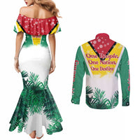 Guyana Flag Couples Matching Mermaid Dress and Long Sleeve Button Shirt Christmas Santa Jaguar and National Motto Green Yellow - Wonder Print Shop