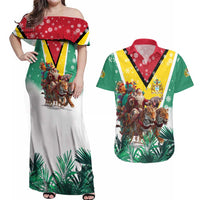 Guyana Flag Couples Matching Off Shoulder Maxi Dress and Hawaiian Shirt Christmas Santa Jaguar and National Motto Green Yellow - Wonder Print Shop