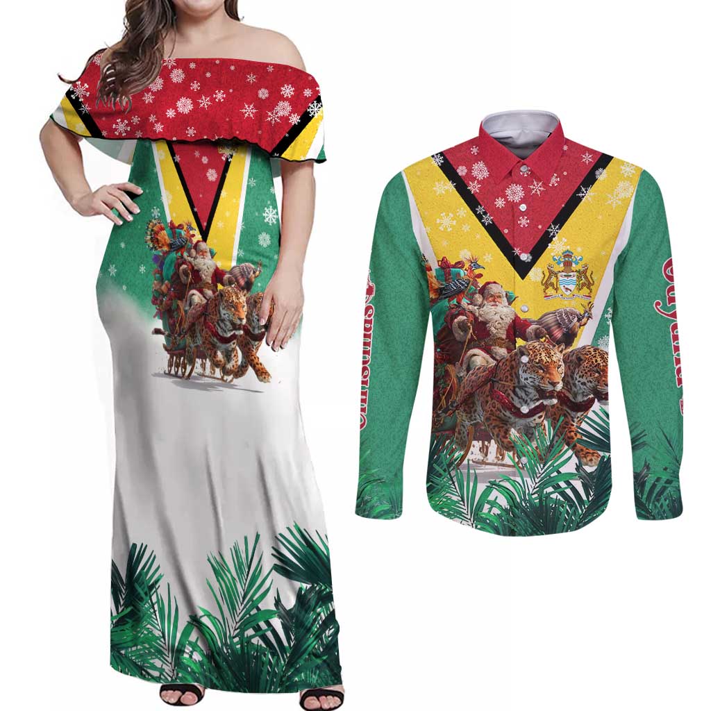 Guyana Flag Couples Matching Off Shoulder Maxi Dress and Long Sleeve Button Shirt Christmas Santa Jaguar and National Motto Green Yellow - Wonder Print Shop