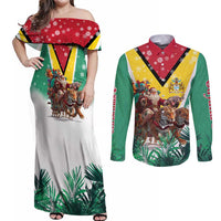 Guyana Flag Couples Matching Off Shoulder Maxi Dress and Long Sleeve Button Shirt Christmas Santa Jaguar and National Motto Green Yellow - Wonder Print Shop