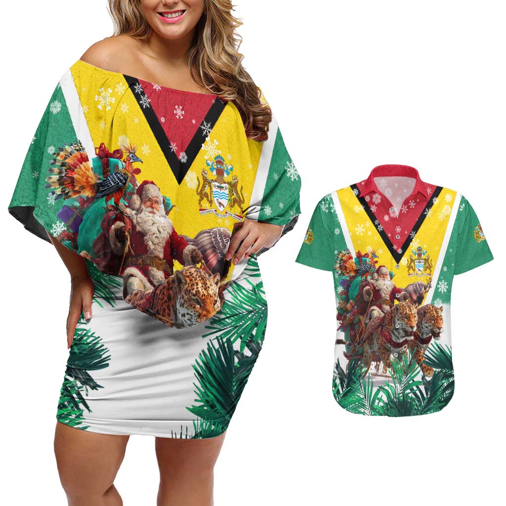 Guyana Flag Couples Matching Off Shoulder Short Dress and Hawaiian Shirt Christmas Santa Jaguar and National Motto Green Yellow - Wonder Print Shop