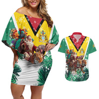 Guyana Flag Couples Matching Off Shoulder Short Dress and Hawaiian Shirt Christmas Santa Jaguar and National Motto Green Yellow - Wonder Print Shop