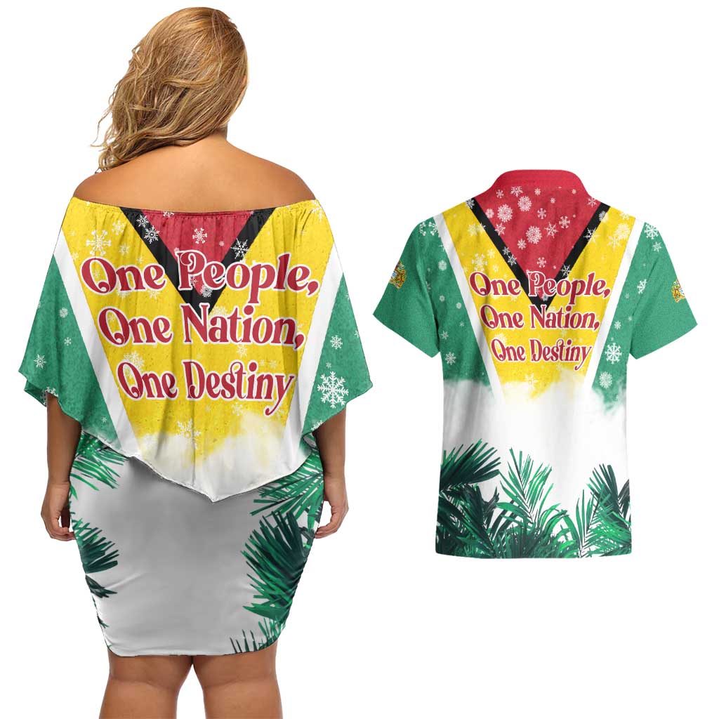 Guyana Flag Couples Matching Off Shoulder Short Dress and Hawaiian Shirt Christmas Santa Jaguar and National Motto Green Yellow - Wonder Print Shop