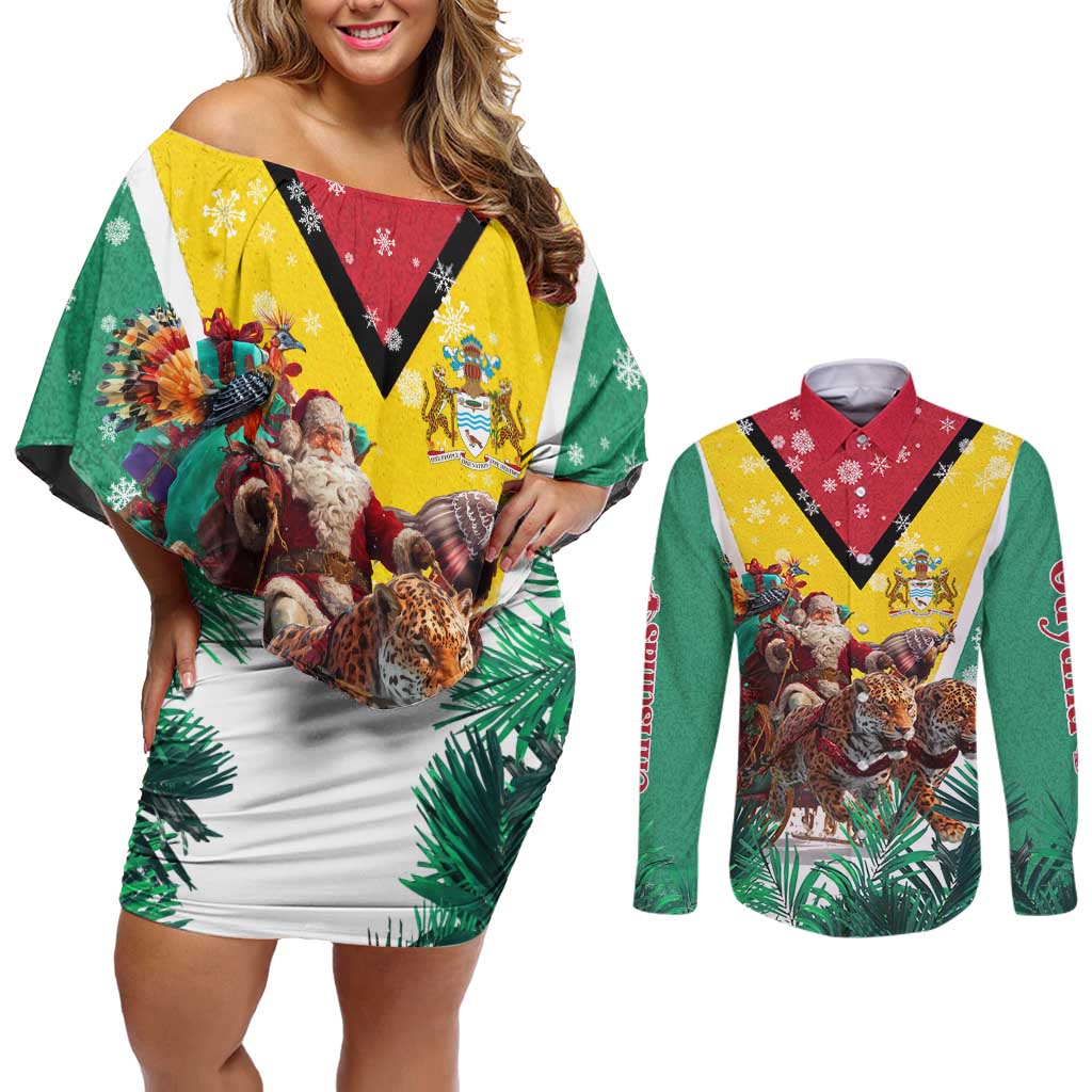 Guyana Flag Couples Matching Off Shoulder Short Dress and Long Sleeve Button Shirt Christmas Santa Jaguar and National Motto Green Yellow - Wonder Print Shop