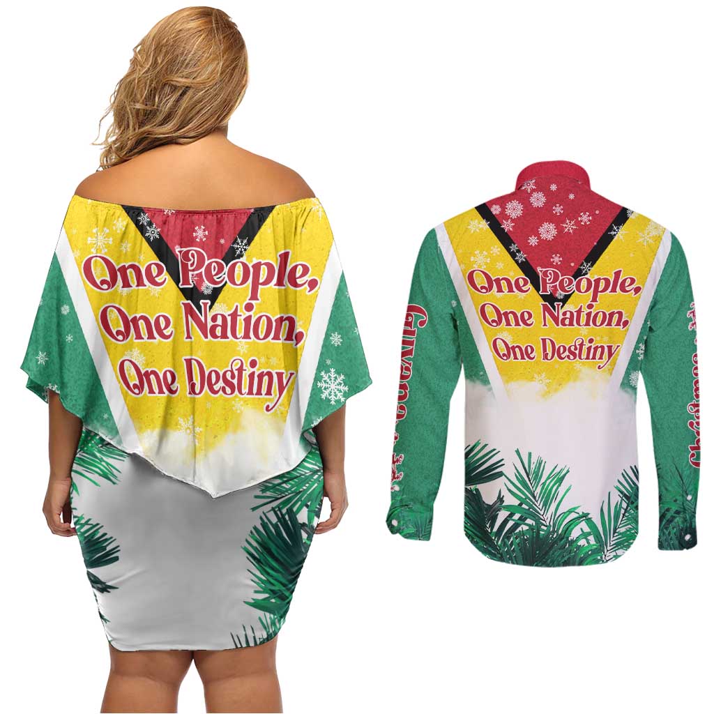 Guyana Flag Couples Matching Off Shoulder Short Dress and Long Sleeve Button Shirt Christmas Santa Jaguar and National Motto Green Yellow - Wonder Print Shop