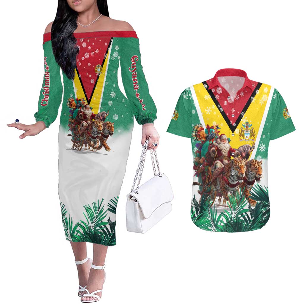 Guyana Flag Couples Matching Off The Shoulder Long Sleeve Dress and Hawaiian Shirt Christmas Santa Jaguar and National Motto Green Yellow - Wonder Print Shop
