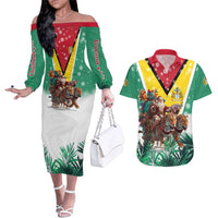 Guyana Flag Couples Matching Off The Shoulder Long Sleeve Dress and Hawaiian Shirt Christmas Santa Jaguar and National Motto Green Yellow - Wonder Print Shop