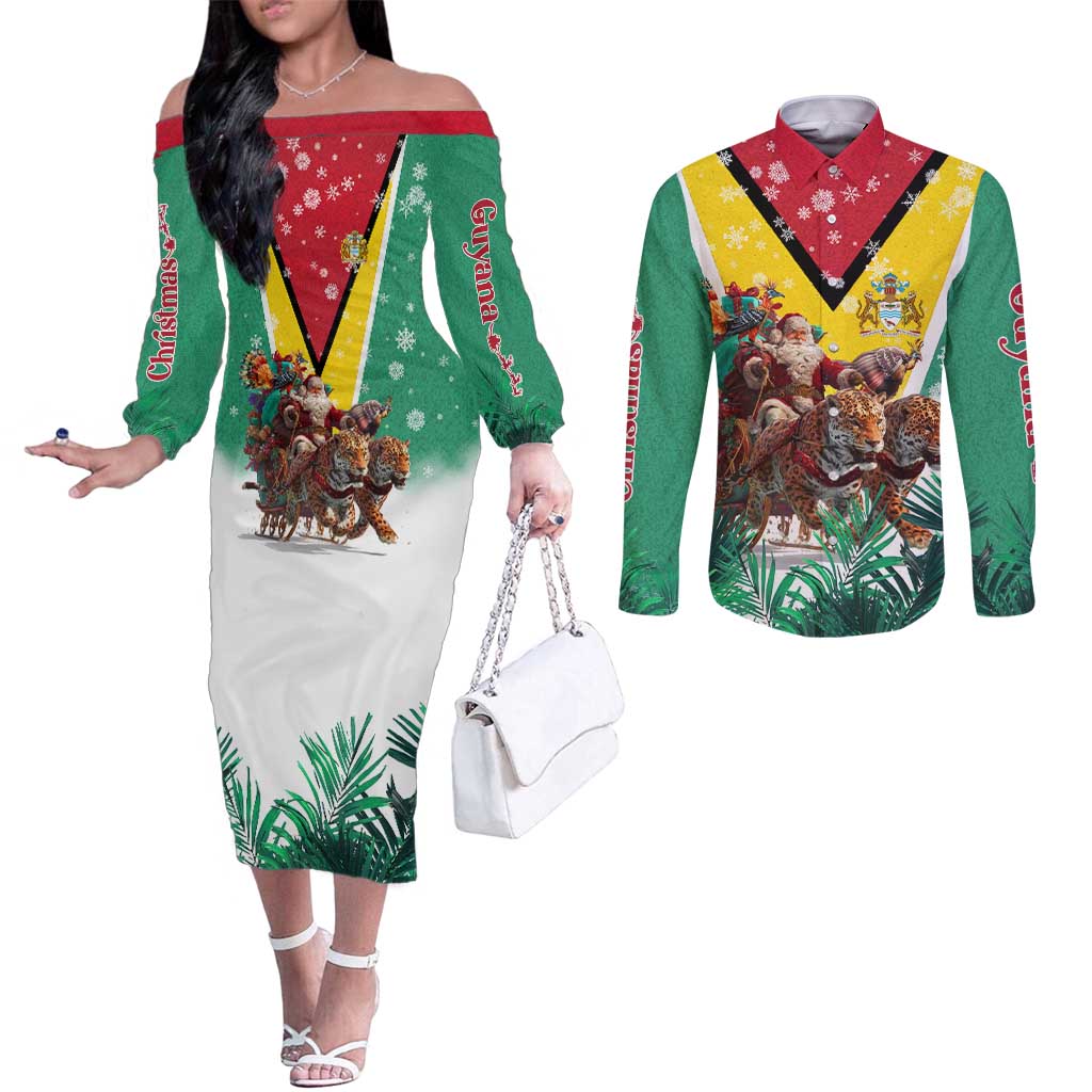 Guyana Flag Couples Matching Off The Shoulder Long Sleeve Dress and Long Sleeve Button Shirt Christmas Santa Jaguar and National Motto Green Yellow - Wonder Print Shop