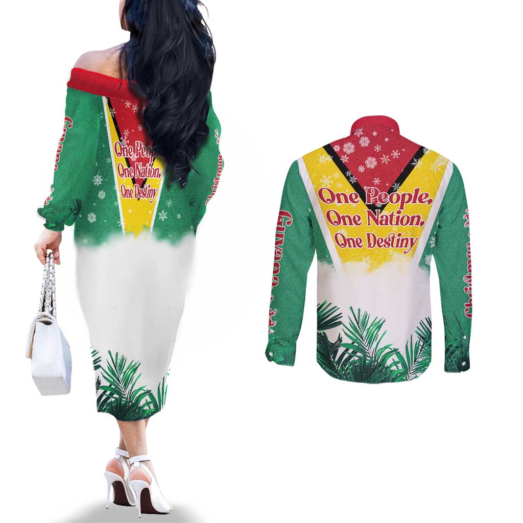 Guyana Flag Couples Matching Off The Shoulder Long Sleeve Dress and Long Sleeve Button Shirt Christmas Santa Jaguar and National Motto Green Yellow - Wonder Print Shop
